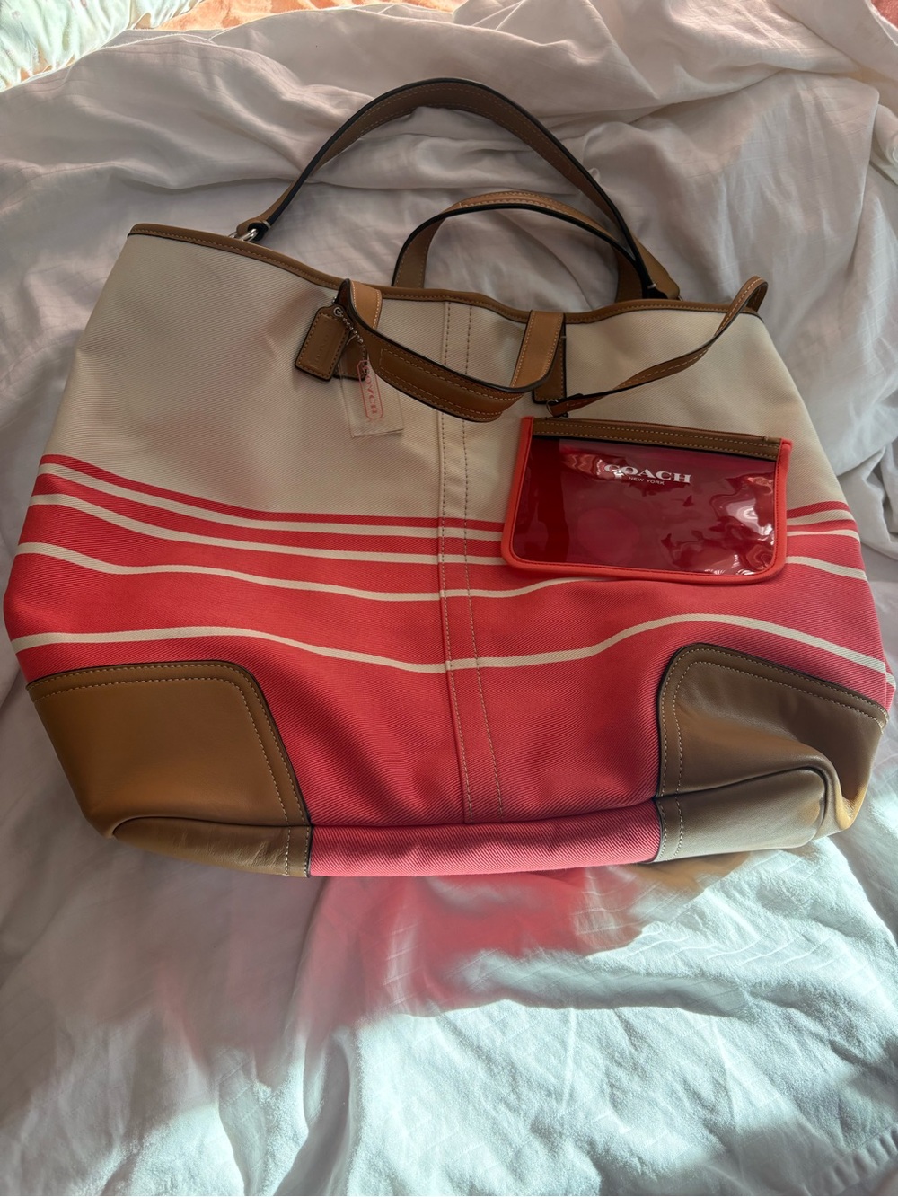 Coach Hadley Variegated Coral & Beige Striped Canvas Leather Tote Shoulder Bag